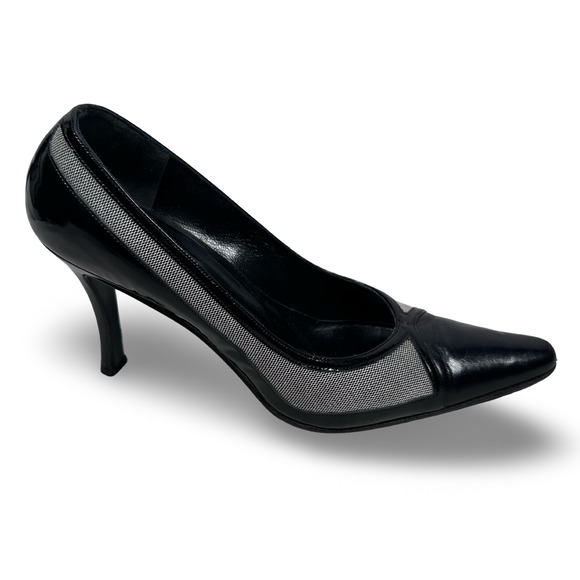 Gucci Pump Heels Women’s 8 B Black Canvas & Patent Leather Pointed Toe Shoes - Picture 1 of 8